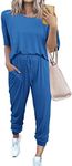 PRETTYGARDEN Women's Two Piece Outfit Short Sleeve Pullover with Drawstring Long Pants Tracksuit Jogger Set (Grey Blue,XX-Large)