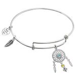 Rhodium On Sterling Silver Dream Catcher CZ Heart Feather Dangle Charm Adjustable Bangle Bracelet