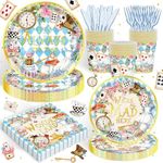 Rejoice Bunny 120PCS Alice in Wonderland Themed Party Supplies for Girls Boys Babyshower Kids Blue Birthday Decorations Mad Hatter Tea Disposable Tableware Set Plates Napkin Cups 20 Guests