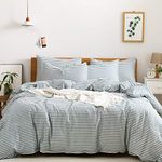 JELLYMONI 100% Natural Cotton 2pcs Striped Duvet Cover Sets,White Duvet Cover with Grayish Blue Stripes Pattern Printed Comforter Cover,with Zipper Closure & Corner Ties(Twin Size)