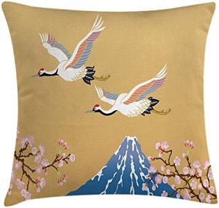 Lunarable Asian Throw Pillow Cushion Cover, Japanese Crane Flying Fuji Mountain and Cherry Blossoms Ethnic Design, Decorative Square Accent Pillow Case, 26 X 26 inches, Violet Blue Mustard Pink