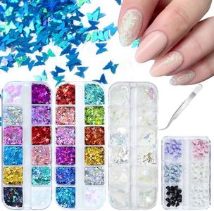 Lifextol 36 Grids Nail Glitter for Nails Art Decoration Kit&6 Grids Bow Nail Charms and Gems for Press Nail Design, Butterfly Chunky Glitter Flakes Star Nail Sequins Holographic Nail Foil Glitter