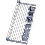 Expandable Roll Up Dish Drying Rack Up to 22.8''with 2 Storage Baskets,Over The Sink Kitchen Rolling up Dish Drainer Dish Drying Rack in Sink, Foldable,Rollable,for Kitchen Dishes,Cups,Fruits,Forks