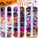 EBANKU 3 Boxes Halloween Nail Art Glitter Sequins, 3D Holographic Skull Spider Pumpkin Bat Ghost Witch Halloween Confetti Glitter for DIY Nail Art Halloween Party, Multicolor