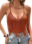 ELLA LUST Womens Fringe Tank Top - Western Festival Clothing Cowgirl Tassel V Neck Rave Country Concert Outfits Boho Camisole(Brown,L,10742a)