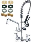 PALUKIA Commercial Faucet with Sprayer 3 Compartment Sink Faucet with Pre Rinse Sprayer 8 Inch Center Wall Mount Faucet with 12" Add on Swing Spout 25" Height Faucet for Restaurant