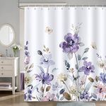 Bonhause Purple Floral Shower Curtain Watercolor Flowers Leaves Bathroom Curtain 180 x 180 cm Waterproof Mildew & Mould Resistant Polyester Fabric Bath Curtain with 12 Hooks