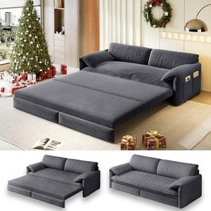 UPYOOE 66" Futon Sofa Bed Queen Size, Pull Out Bed, 3-in-1 Convertible Sleeper Sofa with Side Pocket, Modern Velvet Futon Couch for Living Room, Small Space, Apartment, Bedroom, Grey