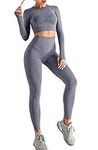 EUTOB Seamless 2 Piece Outfits Workout Yoga Gym Long Sleeve Tops and Trousers Jumpsuit Set Grey