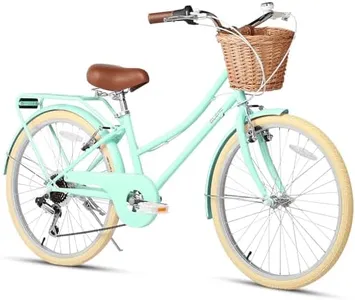 Glerc 24 Inch Beach Cruiser Bike, 6-Speed Hybrid City Bicycle for Girls Youth and Over 6 Years Old, Missy Bike with Wicker Basket & Lightweight, Mint