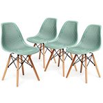 Giantex Set of 4 Modern Dining Chairs, Outdoor Indoor Shell PP Lounge Side Chairs w/Mesh Design, Beech Wood Legs, Tulip Leisure Chairs, DSW Dining Chairs for Kitchen, Dining Room, Patio, Green