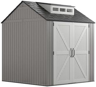 Rubbermaid Resin Outdoor Storage Shed With Floor (7 x 7 Ft) Weather Resistant Gray Organization for Home/Backyard/Garden Tools/Lawn Mower/Bike Storage/Pool Supplies