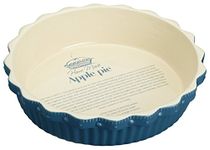 KitchenCraft Home Made Pie Dish with Fluted Rim and Printed Recipe, Stoneware, Navy/Cream, 26 x 6 cm