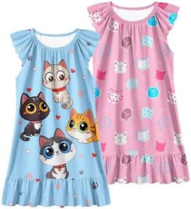 LQSZ Girls Nightgowns Kitty Cat Toddler Princess Pajamas Kids 2pcs 5-6T