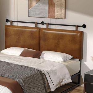 BSHOMGI King Size Bed Headboard Wall Mount PU Leather Head Board Only Brown Hanging Head Boards, Industrial Pipe Modern Bed Backboard for Bedroom(Brown Leather, King)