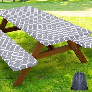 Smiry Picnic Table Cover with Bench Covers, Waterproof Elastic Fitted Tablecloth for 6 Foot Tables, Washable Polyester Tablecloths for Camping, Indoor & Outdoor (Grey Morocco, 30x72 Inch 3-pc Set)