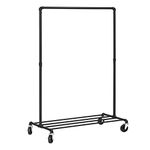 SONGMICS Heavy Duty Metal Clothes Rack on Wheels, Holds 90 kg, Industrial Design, Coat Stand with 1 Clothes Rail and Shelf, for Bedroom Laundry Room, Black HSR61BK