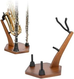STRICH Wooden Saxophone Stand Display For Alto Tenor Sax, Handmade Solid Wood Floor Stand Holder Colour Walnut, Weighted Heavy Base Sax Stand with 2 Flute/Clarinet Holders