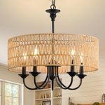 HOXIYA Modern Farmhouse Boho Chandelier, 5-Lights Large Rattan Pendant Light Fixture Ceiling with Hand Woven Wicker Shade, Black Rustic Drum Hanging Light for Dining Living Room Kitchen Bedroom Island