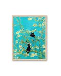 UPWOIGH Beige Natural Oak Wood Framed Wall Art, Vincent Van Gogh Almond Blossoms Cat Print, 2 Cats in the Tree Poster, Cute Black Print, Funny Cat Art for Bedroom Bathroom, 1Pack Gift 12x16in