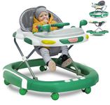 2 in 1 Foldable Baby Walker & Rocker - Multifunctional Walker with 4 Adjustable Heights, Removable Feeding Tray, Music & Silent Wheels - Baby Walkers for Boys & Girls 6 Months+ (Green)