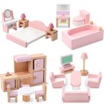 Poen 22 Pcs Dollhouse Furniture Wooden Dollhouse Furniture Set Miniature Playhouse Doll House Accessories with Living Room Bedroom Bathroom Kitchen for Girls Boys