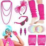 19Pcs Ladies 80s Accessories, Pink 80s Fancy Dress for Women with Lightning Earrings Necklace Fishnet Gloves Headband for Retro Parties Hen Do Parties Girls Kids