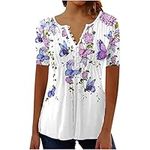 AMhomely Women Shirts Blouse Sale Clearance Elegant Vinatge Button White Blouse Floral Print Tunic Tops Short Sleeve V Neck Teen Lightweight Breathable Sportawear Activewear Undershirts XL