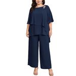 Hanna Nikole Women's Plus Size Trouser Suit Two-Piece Batwing Sleeves Cape Sleeves Rhinestones Loose Round Neck Chiffon Shirt High Waist Elegant High Waist Long Pants Dark Blue 20 Plus