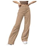 Maryia Women's High Waisted Corduroy Solid Pants Hipster Wide Leg Casual Trousers Straight Lounge Baggy Sweatpants, Beige, Small