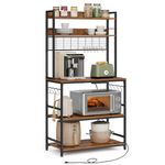 VASAGLE Bakers Rack with Power Outlet, 14 Hooks Microwave Stand, Adjustable Coffee Bar with Metal Wire Panel, Kitchen Storage Shelf, 15.7 x 31.5 x 66.9 Inches, Rustic Brown and Black UKKS025B01