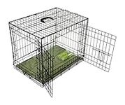 BUNNY BUSINESS UNDERDOG Metal Dog Crate/Cage – Pet Black Metal Folding Cage with 2 Doors Sliding Chew Resistant Plastic Base Tray with Bed Heavy Duty Puppy Training Solution (24" SML, Black)