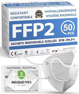 ADESTE – 50 Masques FFP2 Blancs Certifiés CE, approvisionnement contrôlé, élastiques confortables, hypoallergéniques et réglables. EFB 99,5%. Emballage individuel