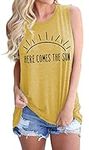 Fawniss Here Comes The Sun Shirts Womens Sunshine Coffee Graphic Tank Top Sleeveless Tee (Yellow, Large)