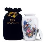 BOLD & DIVINE White Birds Printed Cremation Urn | Large | 200 Cubic Inches | For Human Ashes Adult Memorial, Burial, Funeral Cremation Urn with Unique Velvet Bag