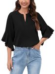 Heymoments Womens Blouses Black Large Ruffle 3/4 Sleeve V Neck Business Professional Dressy Lightweight Elegant Casual Tops Ladies Office Loose Fitting Flowy Cute Shirt