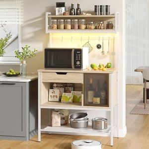 Bestier Bakers Rack with LED Lights, 6 Tier Microwave Stand with Storage Drawer Cabinet, Kitchen Coffee Bar Table with 8 Hooks, Heavy Duty Storage Shelves for Kitchen Garage Pantry(Oak Light)