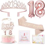 18th Birthday Decorations gifts for Girls, Including 18th Happy Birthday Cake Topper, Queen Sash with Pearl Pin, Sweet Rhinestone Tiara Crown for Women, Number Candles and Balloons (Rose Gold)