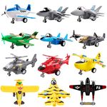 deAO Set of 12 Pull Back Airplanes Vehicle Playset Variety Pack of Helicopters, Stealth Bombers, Fighter Jets, Aircraft, Planes, Multicoloured