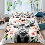 Erosebridal Highland Cow Flower Duvet Cover Twin Size Bull Cattle Bedding Set Bedroom Decorative Western Funny Animal Comforter Cover Set Wildlife Farmhouse Cow Quilt Cover Rose Grey Marble Bed Cover