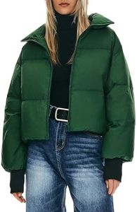 Orolay Women's Winter Oversized Cropped Puffer Jacket Zip Up Short Down Coat Stand Collar Baggy Overcoat Green Large