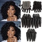 Molefi Brazilian Funmi Hair Curly Weave 3 Bundles with Lace Closure Spiral Curl Hair Bundles with 4x2 T Lace Closure 100% Human Hair Extensions 100g/pc Natural Black (14 14 14+12)