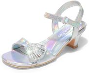 DREAM PAIRS Girls Sandals Ankle Strap Square Toe Low Heel Crystal Shell Wedding Party Flower Dress Shoes for Little Kids/Big Kids,Size 3 Little Kid,RAINBOW/SILVER,SDSD2420K