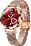 OLEVS Rose Gold Watch for Women Red Face Diamond Accent Small Wrists Ladies Watches for Women Cute Mesh Bracelet Female Watch Slim Simple Analog Womens Watches Waterproof Reloj para Mujer