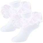 Girls Ruffle Socks Double Lace Frilly Dress Socks Kids Turn Cuff Socks for Girls 2 Pack (White, 6-8 Years)