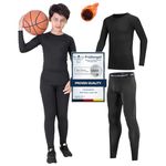 Kids Base Layer - Athletic Kids Thermal Long Sleeve Top and Leggings Compression Set for Sport Football Basketball Ski Black