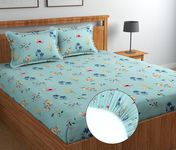 NEW LEAF Premium Cotton Elastic Fitted Double Bedsheets with 2 King Size Pillow Covers | Double Bed with All Around Elastic 200 TC Supersoft | Size - 72 King Sizex78+10 inches | Aqua Flower