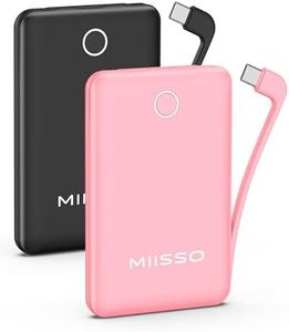 10000mAh Slim Portable Charger with Built in Cable, Power Bank Travel Charger External Battery Pack for Phone, 4 Output USB Type C Cord Clutch Charger Compatible with iPhone, 2 Pack Black & Pink