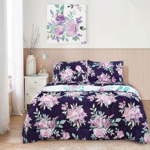 TANOFAR King Size Comforter Set, 3 Pieces Bed Set King Size Girls, Purple Flowers Bedding Comforter Sets, 1 Soft Reversible Flowers Comforter and 2 Pillow Shams, Cozy & Lightweight