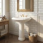 26"W x 20"D U-Shape Pedestal Sink, White Ceramic Pedestal Bathroom Sink with Overflow and 3 Pre-Drilled Holes, Modern Bath Pedestal Sink Combo